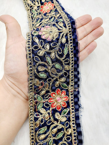 Navy Blue Chequered Velvet Trim In Gold Floral Embroidery, Gota Patti Edging Trim, Trim By Yard Decorative Trimming, Embroidered Trim